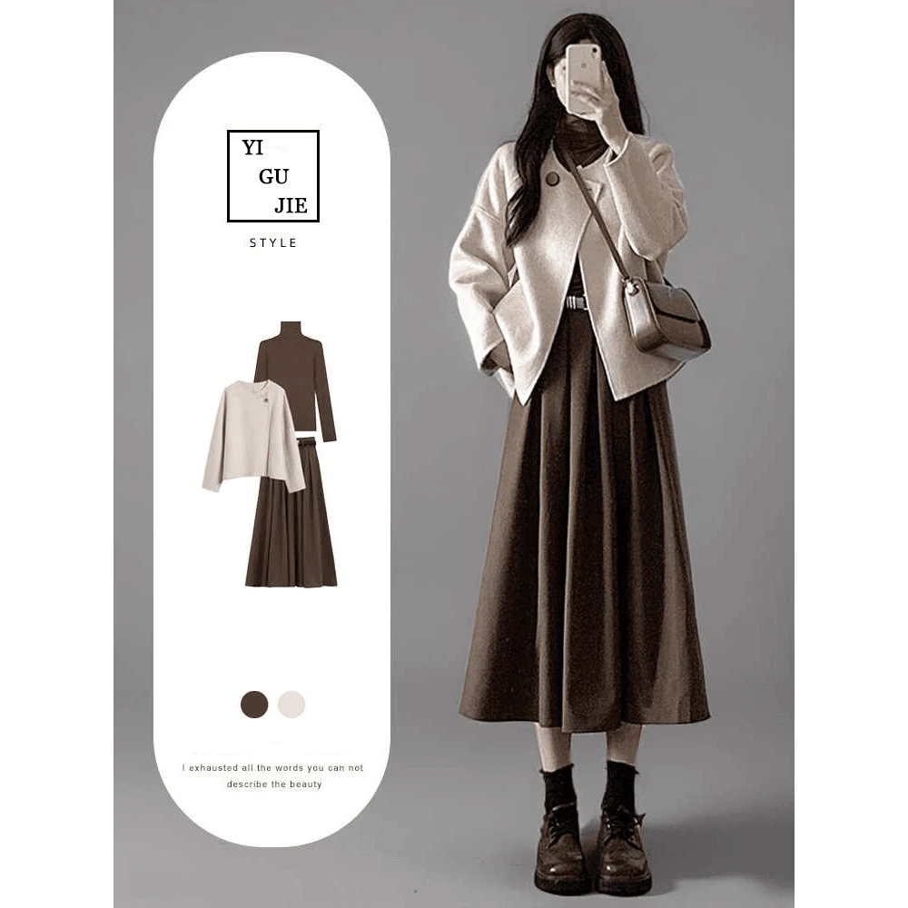 

Fall Korean Style Miniature Lady Outfit Women's Base Shirt Half Skirt Three Piece Set Short Sleeve round Neck Fashion Ensemble