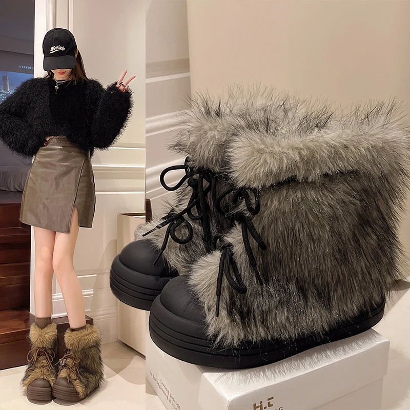 

Зимние сапоги Thi Bot, женские зимние теплые ботинки Cotton oes Furry ort Tube, корейские кожаные ботинки на меховой подкладке с кроликом