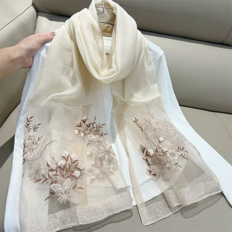 Large Silk Wool Scarf Fashon Beach Shawl Wraps Women Neckerchief Embroidery Female Foulard Stoles Bandana Hijab Scarves poncho