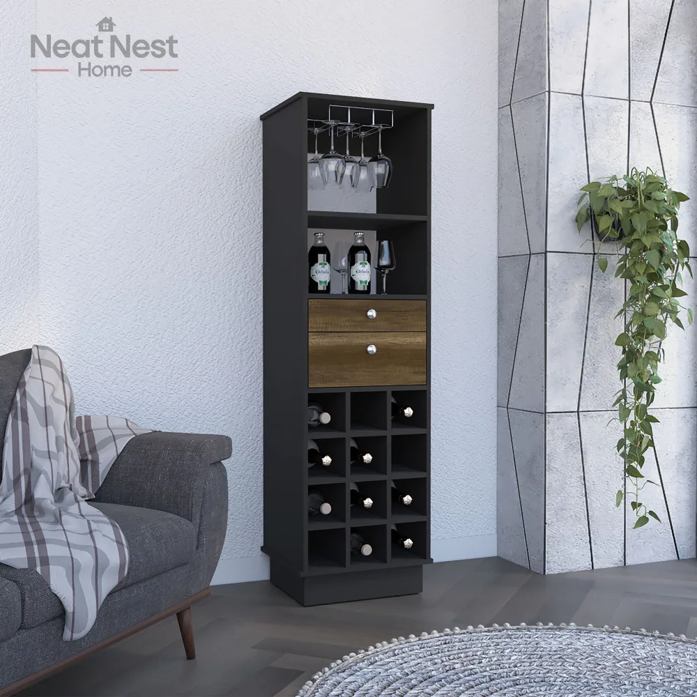 

63' inch Classic Floor Bar Cabinet, Modern Farmhouse Corner bar Rack,Two Drawers, Twelve Built-in Wine Rack-Black,wine Furniture