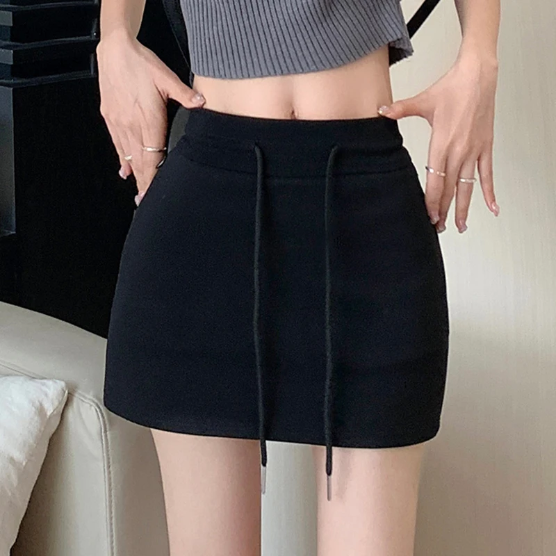 Women Casual High Waist Mini Skirt Drawstring Workout Skirt Midi Bodycon Daily Dresses