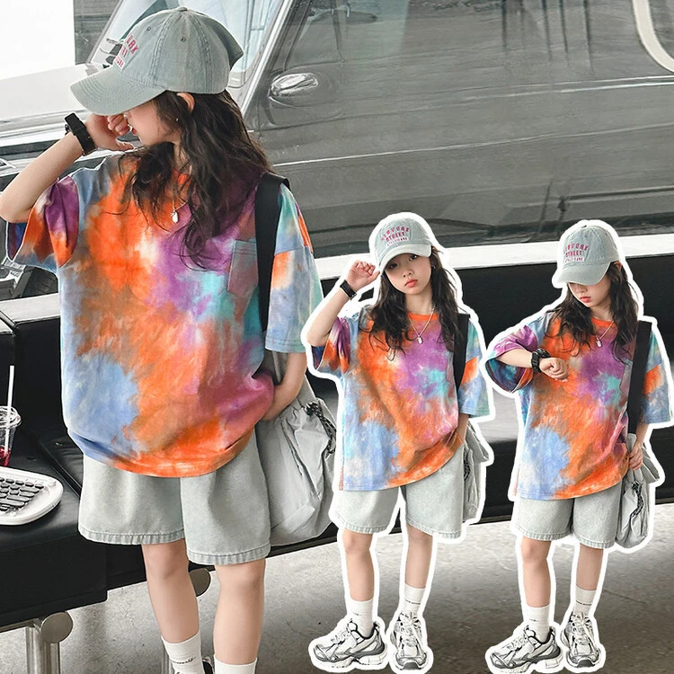 Camiseta de manga corta para niñas, camisa grande con bolsillo Tie-dye, versión coreana, holgada, estilo Simple coreano, novedad de verano 2024