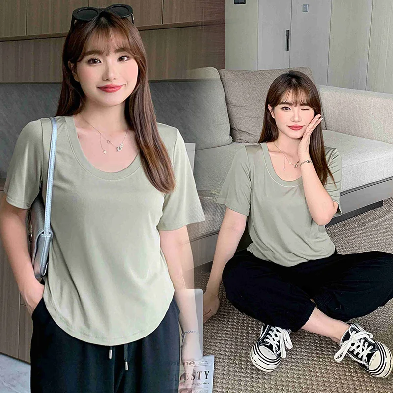 Plus size Ice Silk Short T-shirt Summer 200kg Fat mm Shoulder Fashion Covering Belly Knitted Shirt 3269