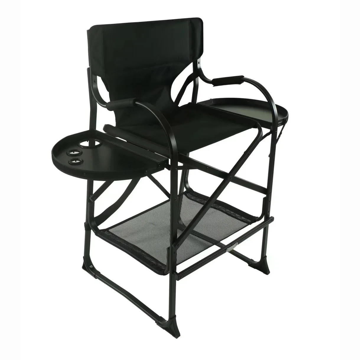 Black Tall Directors Chair Padded Seat Side Table Heavy  Bar Height Foldable for Camping Home Patio Use Featuring Headrest