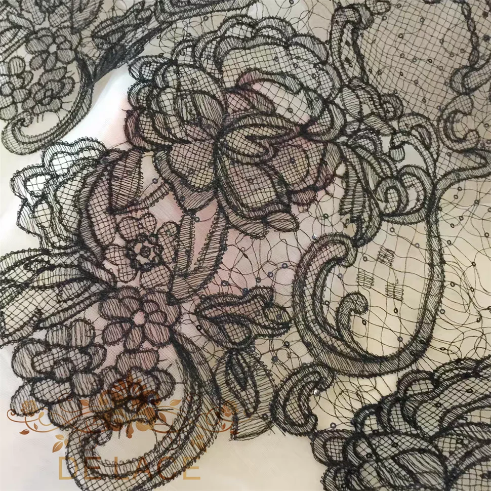 Tela de encaje bordado de hilo de seda de pescado francés de alta calidad con lentejuelas para vestido de novia