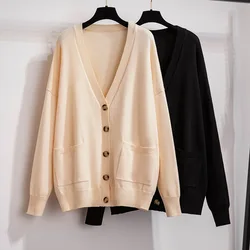 170Kg Plus Size Women's Bust 160 Autumn Loose V-Neck Cardigan Sweater Knitted Jacket Black Khaki 4XL 5XL 6XL 7XL 8XL 9XL