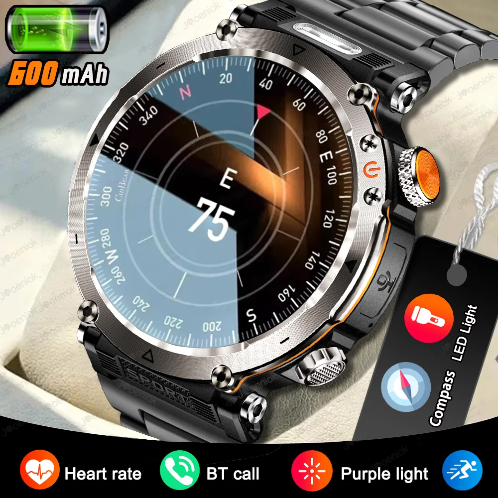 

Военные Смарт-часы для мужчин, 600 мАч, большой аккумулятор, компас, светодиодный фонарик, 1,7-дюймовый экран, монитор сердечного ритма, спортивные умные часы с вызовом BT