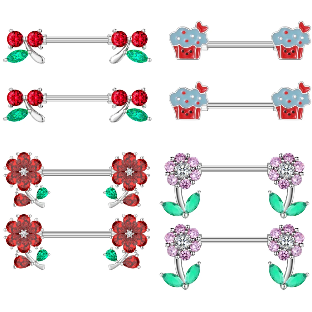 2 Stück Kirschkuchen-Blumen-Serie Brustwarzenpiercings Ringe mit Rotem Kristall und Hängenden Anhängern aus Edelstahl für Frauen