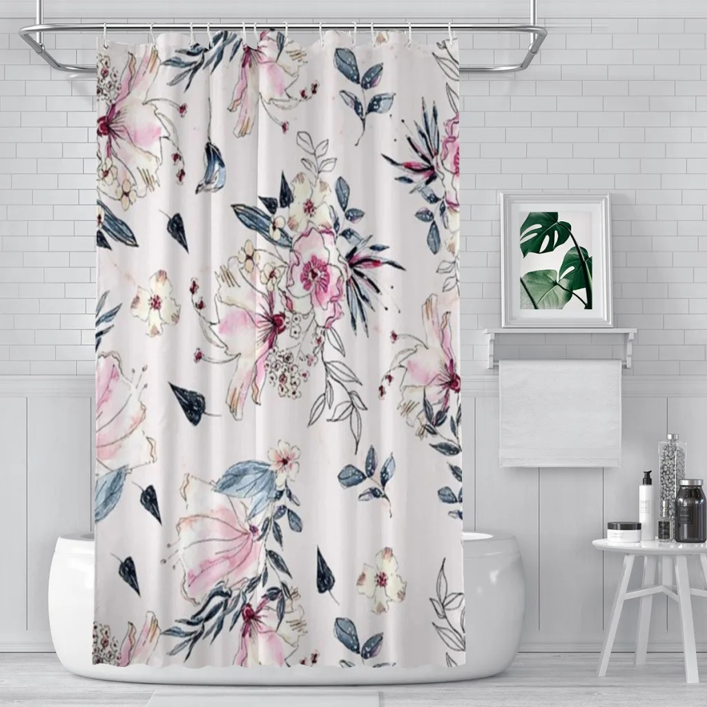 Shower curtain Bathroom  Navy Blue and Pink Flowers on Blush decor Modern household Curtain Festival gift