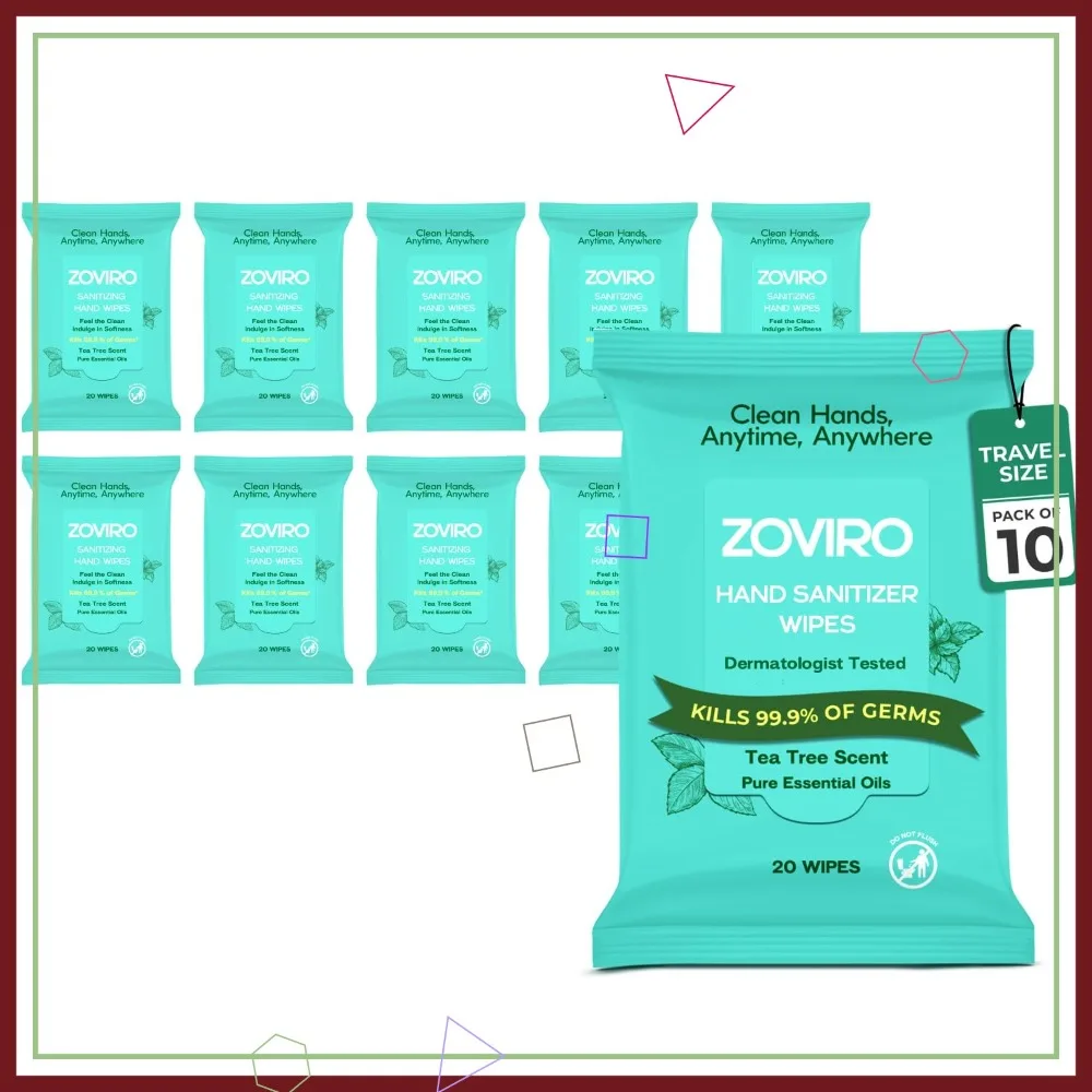 Moisturizing Hand Sanitizer Wipes with Tea Tree Oil, Ultra-Soft 100% Viscose, Travel Size, 20 Count (Pack of 10)