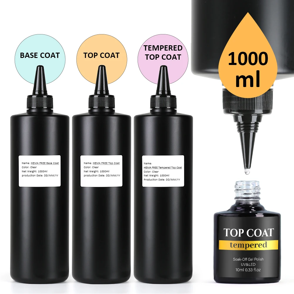 1000Ml HemaฟรีTop Base Coatเจลเล็บไม่มีWipe Top CoatเคลือบเงาSoak Off UV Tempered Top Coatอเนกประสงค์เจลเล็บ 1 กก.