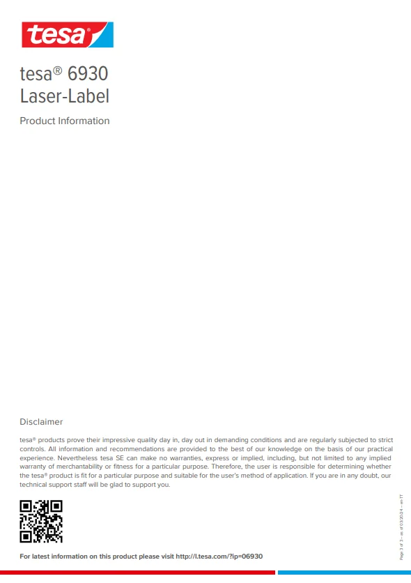 TESA 6930 Laser-Label 120mm x 1m High Performance Tape for Marking and Cutting