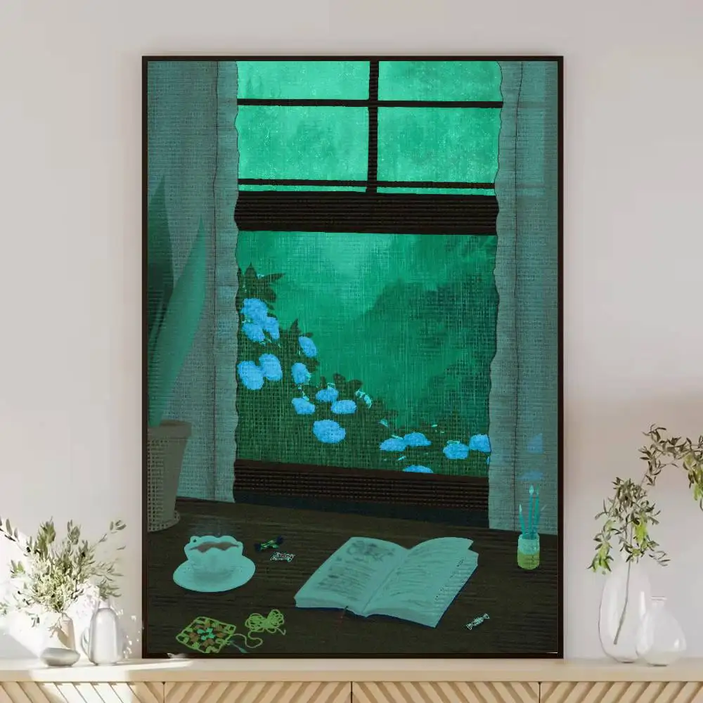 Cozy Window Nook Poster, Aesthetic Indoor Desk Open Book Blue Hydrangea Outside Window Calm Green Tone Painting Decor