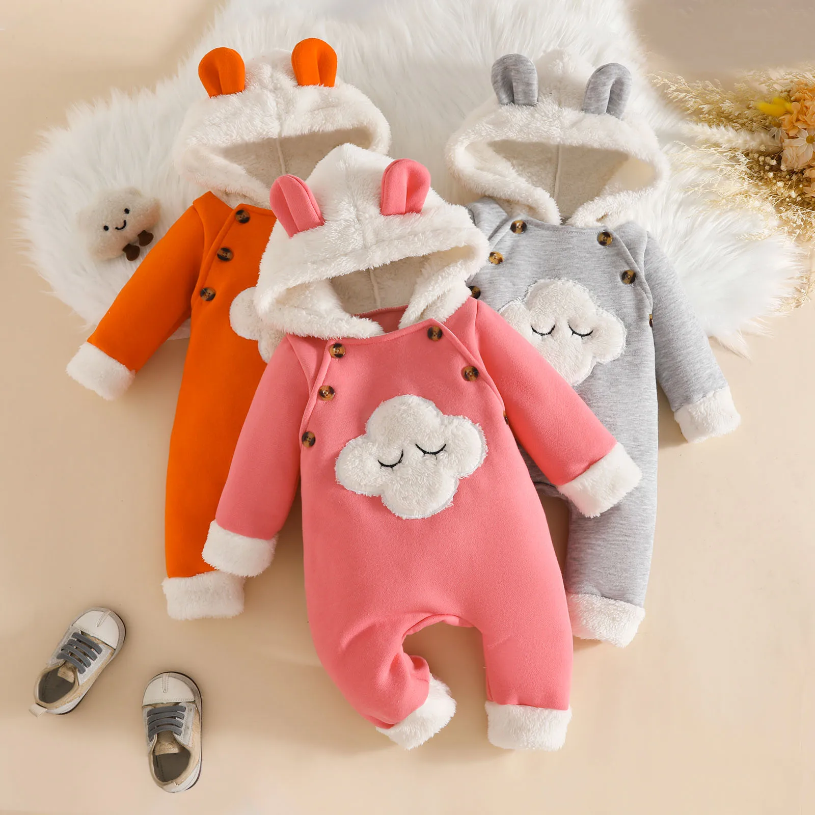 

Tregren Infant Baby Boy Girl Winter Hooded Jumpsuit Loose Fit Cloud Embroidered Furry Trim Button Long Sleeve Newborn Romper