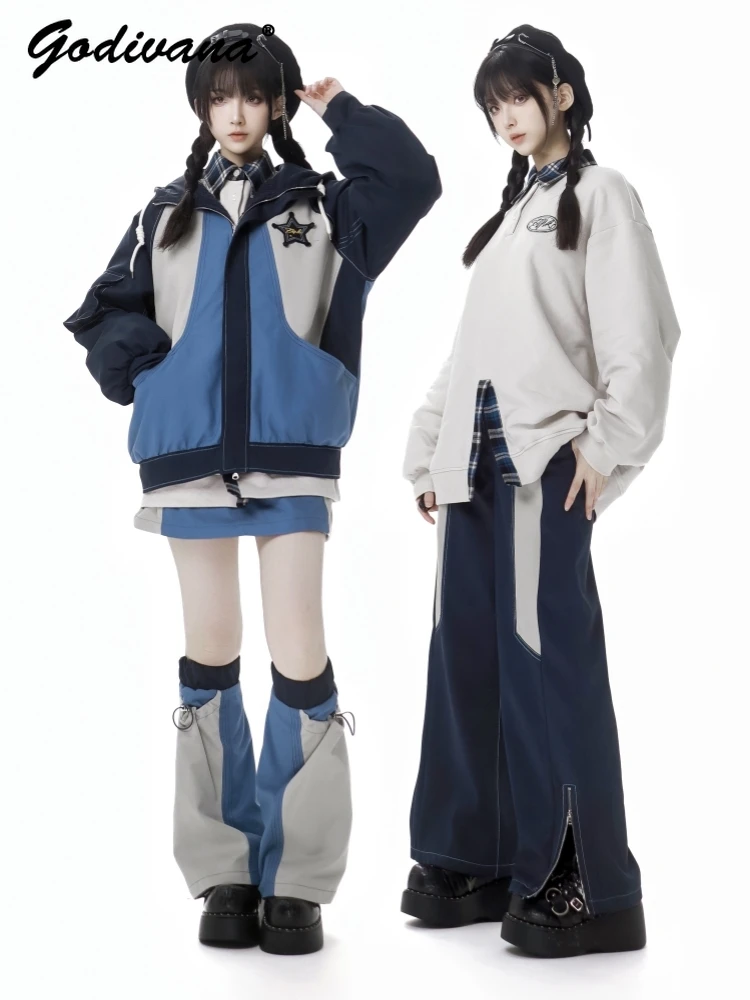 

College Safari Style Fleece Jacket New Winter Contrast Color Women's Casual Sweatshirt Short A-line Skirt and Straight Pants Set