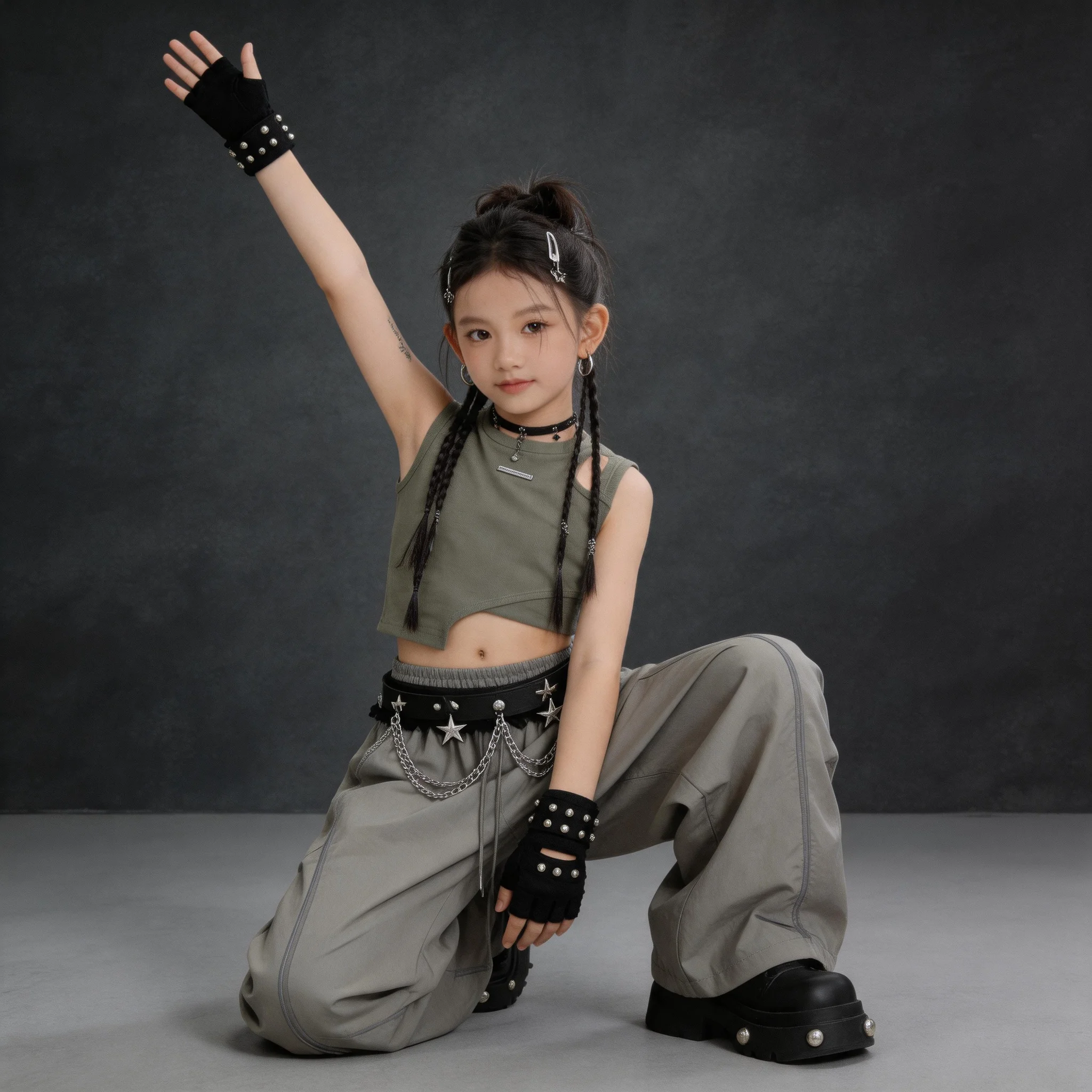 Kpop Hip Hop Jazz Dance Outfits For Girls Black Strap Crop Top Gray Casual Wide Belt Pants