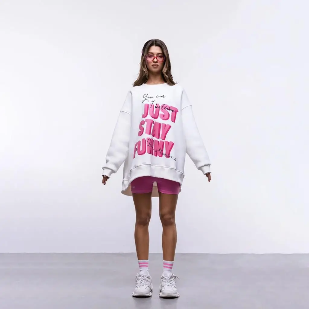 Sports Sweet Lady Trendy Oversized White Sweatshirt Pink Bold Quote Graphic Loose-Fit Comfortable Casual Daily Wear Pullover Top