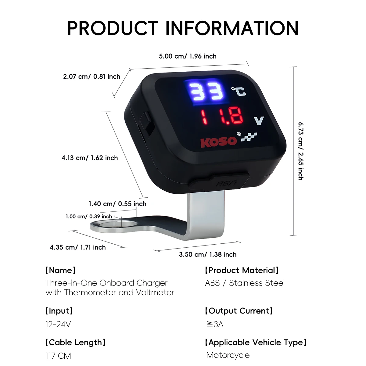 3in1 Mini Water Temperature Gauge Voltmeter Motorcycle Phone USB Charger Emergency Charging Waterproof LCD Digital Display KIT view 3
