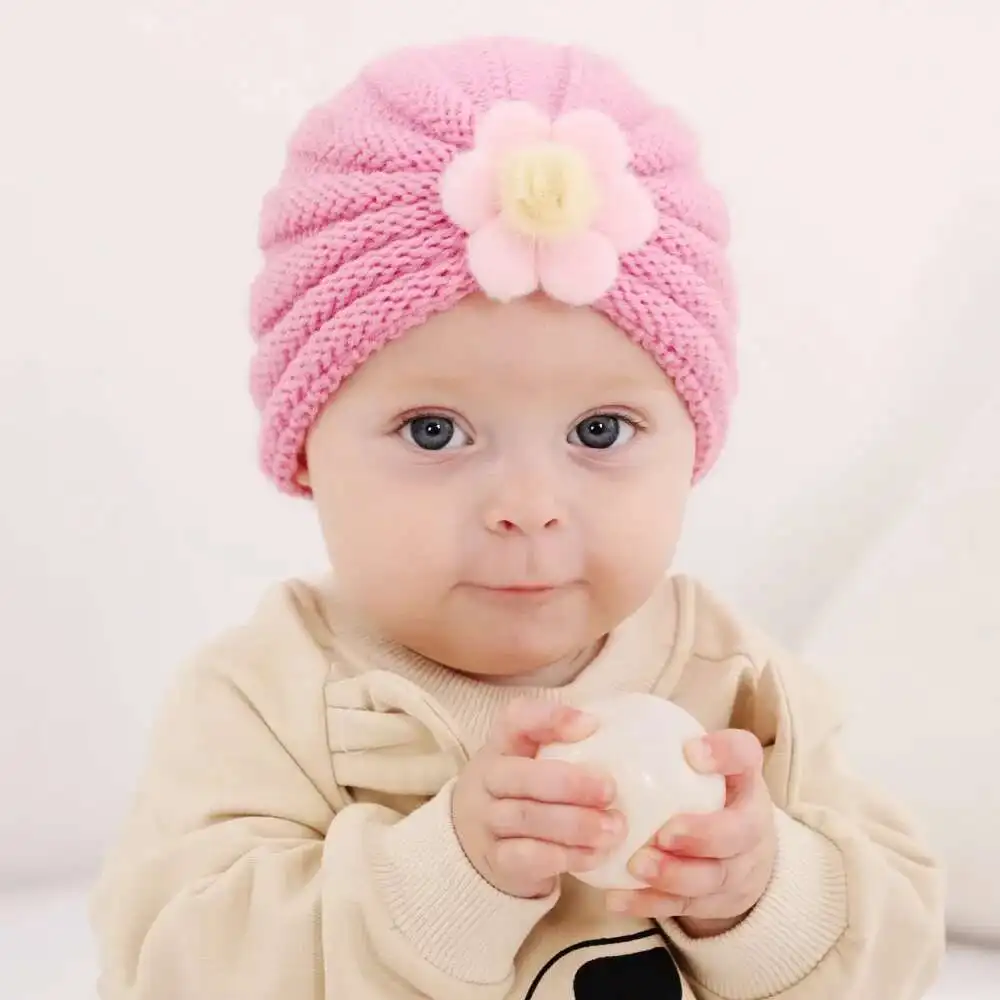 

New Flower Baby Hat Autumn Winter Knit Baby Beanie Big Elastic Kids Turban Hat Infant Bonnet Newborn Cap Girls Boys Accessories