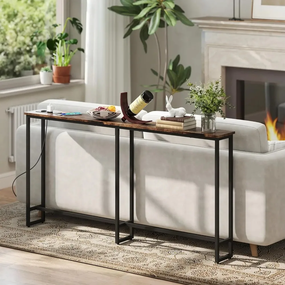 Mesa Consola Estrecha de 160 cm con Estación de Carga, Mesa Consola para Pasillo, Mesa de Sofá con Estructura de Acero, Estilo Industrial