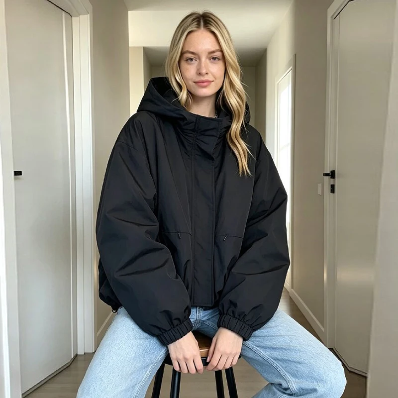 Women's Chic Hooded Jacket Stand Collar Windproof Drawstring Hem Loose Outdoor Sporty Outerwear 2026 New Casual Lady Hoodie Coat