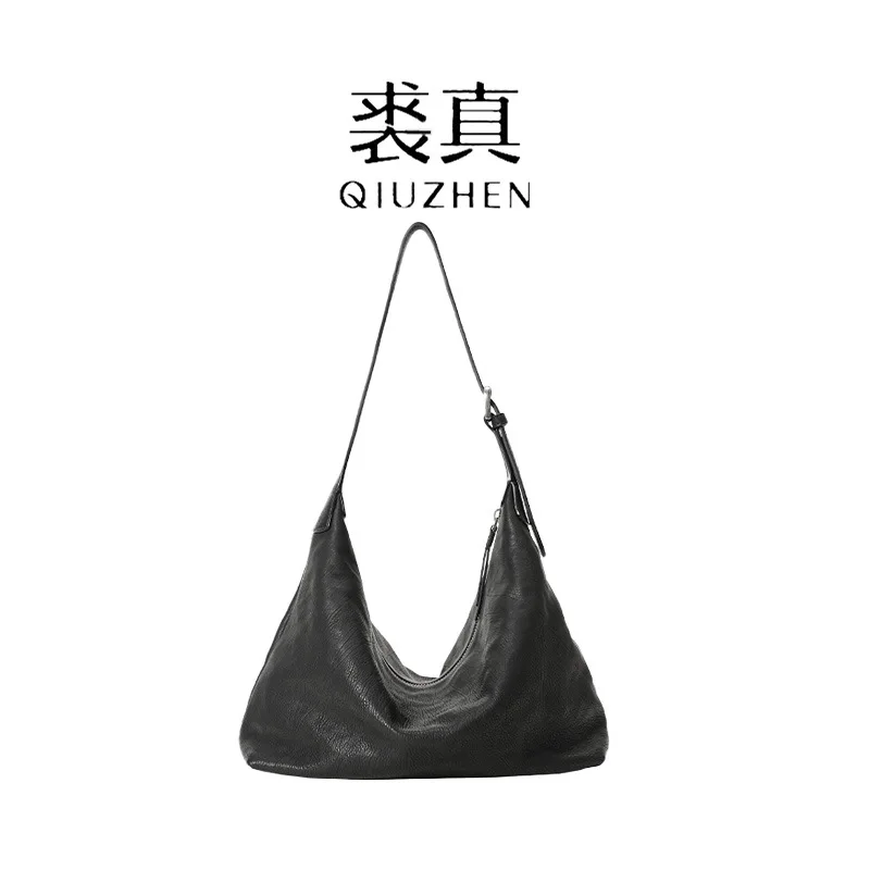 Qiuzhen أعلى الحبوب الخضار المدبوغة جلد البقر تحت الإبط حقيبة المتشرد حقيبة كتف عادية للتنقل حقيبة على شكل زلابية للنساء