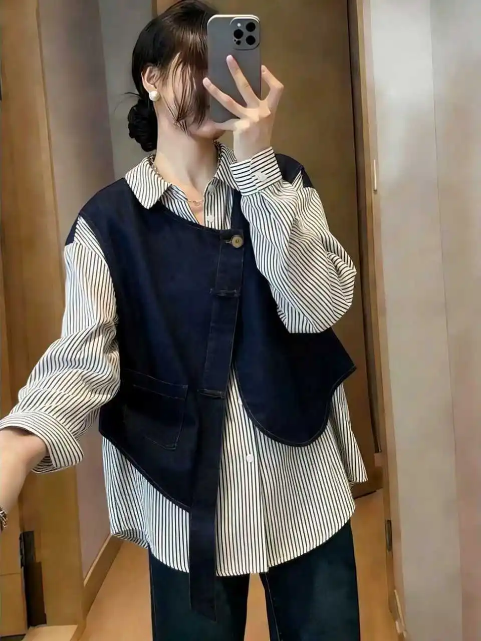 

Irregular Denim Striped Shirt Women's Spring 2026 New plus Size Fat MM Fake Two-Piece Top Korean Style Loose Fit Long Sleeve
