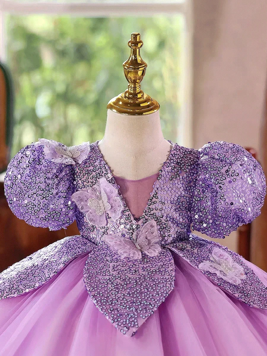 Customized Purple Flower Girl Dress for Wedding Glitter Short Sleeve Knee Length Elegant Kids Birthday First Communion Gown