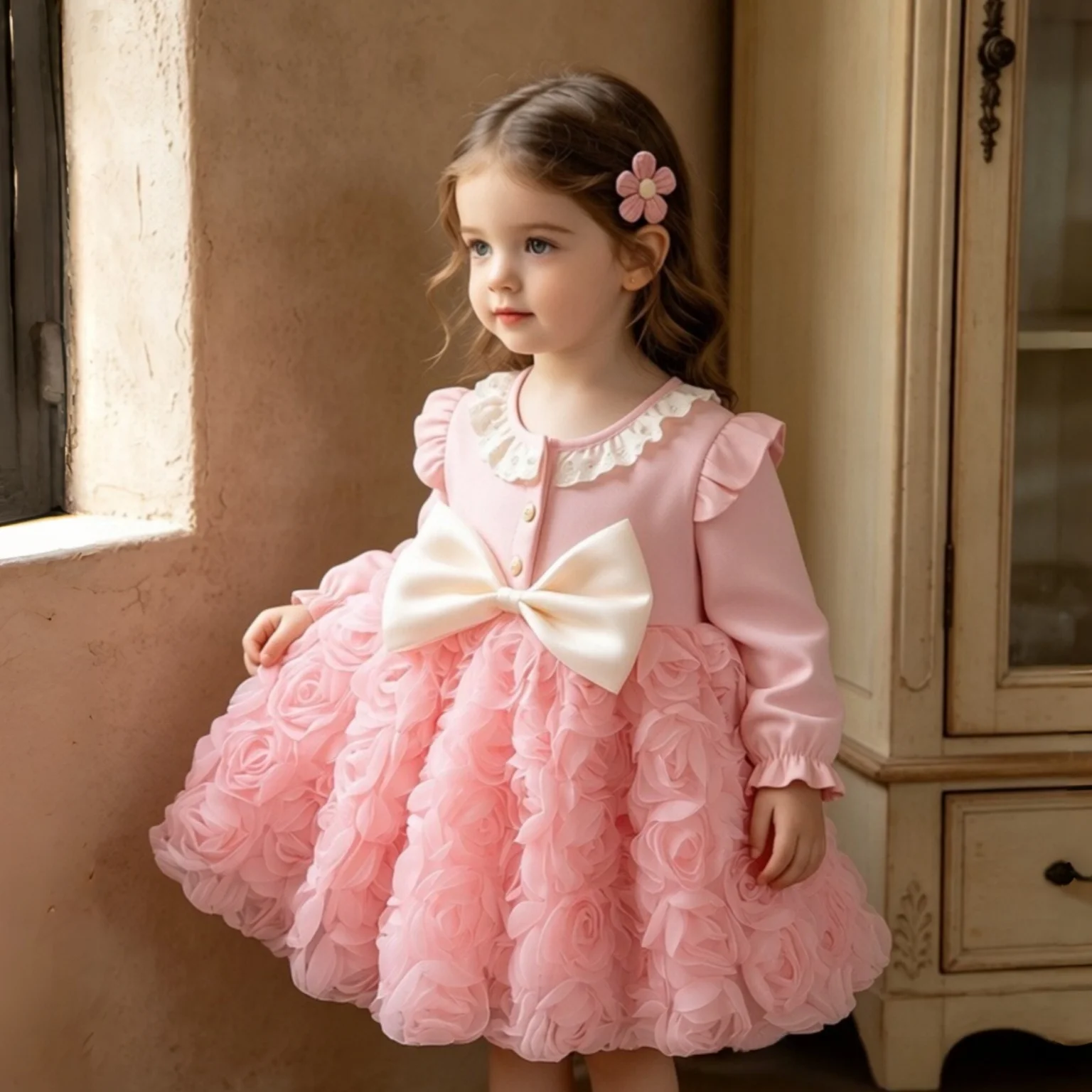 Sweet Beauty Baby Dress Autumn New Long Sleeved Rose Mesh Princess Dress Elegant Girl Birthday Party Dress Children's Clothing