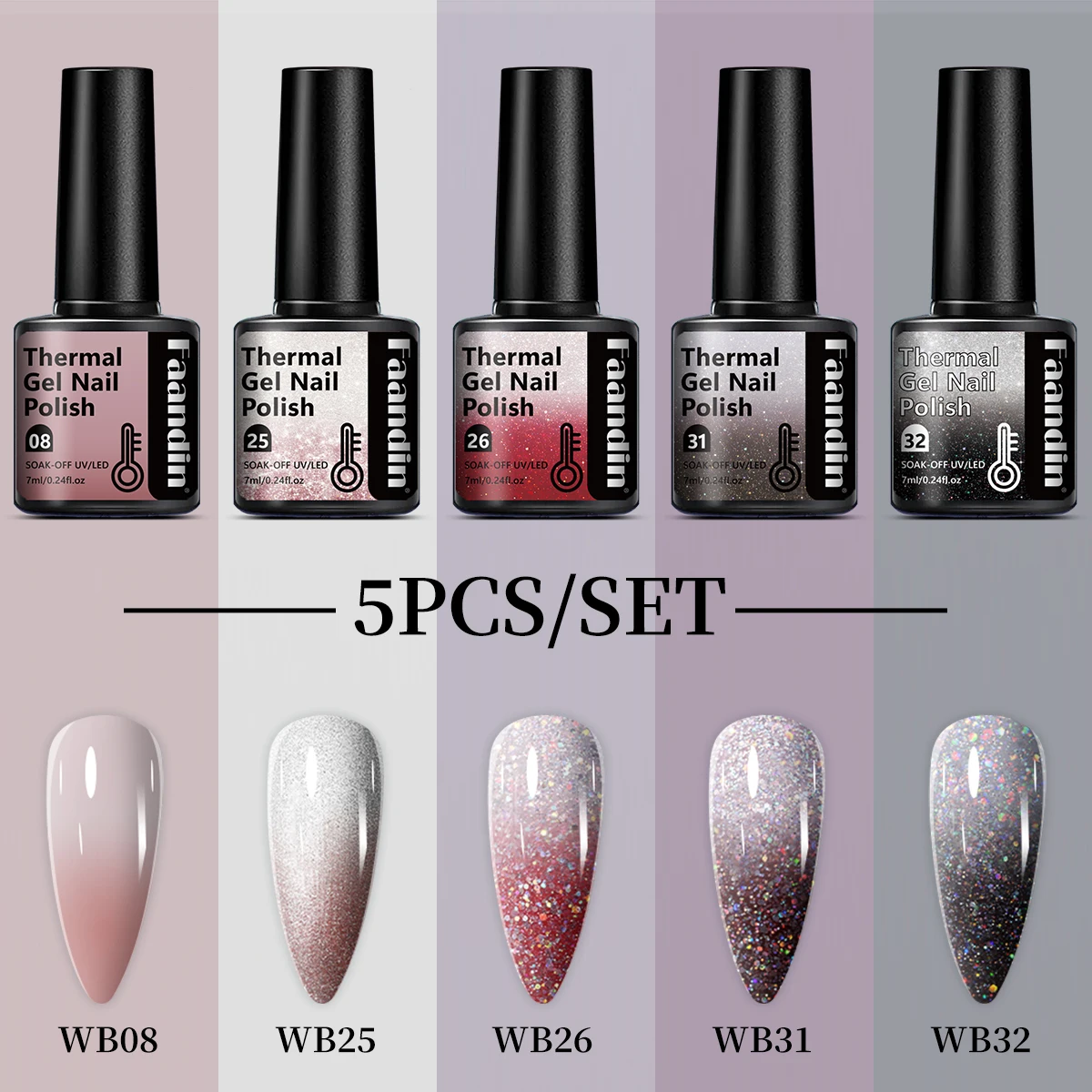 Faandin 5 قطع/مجموعة 7 مل * 5 قطع، تأثير الطلاء السميك أفضل عند تغيير درجة الحرارة، عصرية وملونة، مجموعة طلاء أظافر جل متغيرة درجة الحرارة، هدية مثالية، جل طلاء الأظافر، سهل الإزالة، شراء بالجملة لصالونات الأظافر، جل طلاء الأظافر #3
