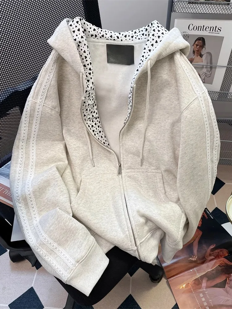 

Leopard Print Heart-shaped Patchwork Contrasting Sweatshirt 2025 New Spring Cool Girls Zipper Drawstring Hooded Cardigan Jacket