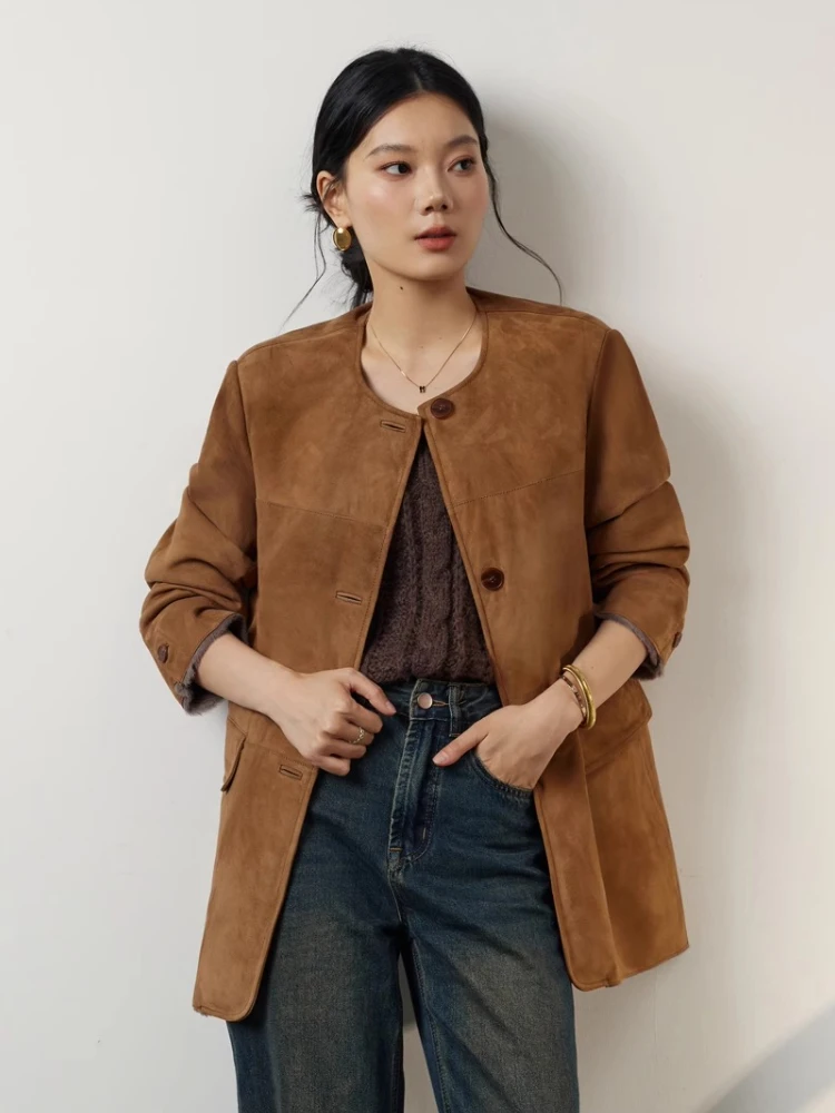 Abrigos de piel de oveja auténtica de lujo de alta gama para mujer, chaqueta de ante de invierno de piel auténtica con cuello redondo y una hilera de botones