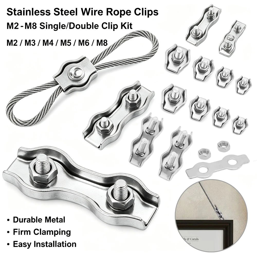 10Pcs M2-M6 Stainlesss Steel Wire Rope Clamps, Cable Clips U Type Single/Double Chuck Grip Lock Hardware