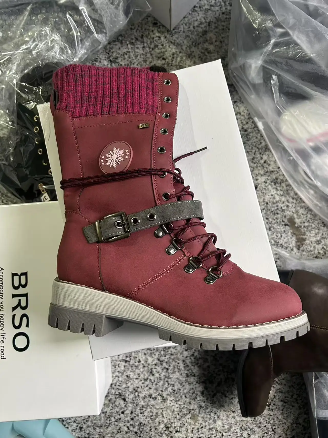 2025 frauen Winter Schnalle Spitze Gestrickte Mid-kalb Stiefel Niedrigen Ferse Runde Kappe Stiefel Top Qualität Winter Warme stiefel Frauen Botas De Mujer – Detail 8