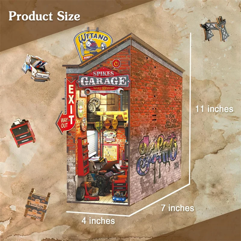 DIY-Buchecke, Regaleinsatz-Sets, die Spikes, Garage, Bücherregal, Miniatur-Modellbausatz aus Holz, handgefertigte Buchstütze für Freunde, Geschenke