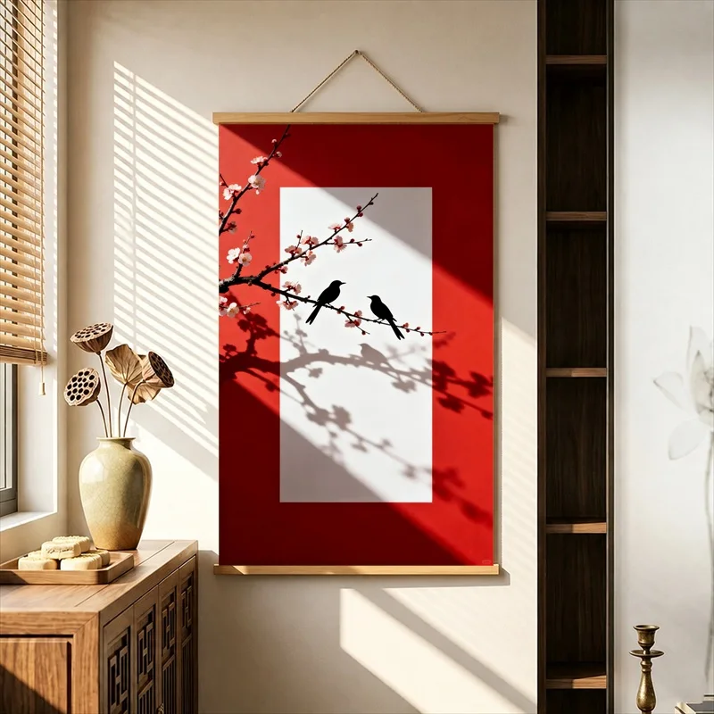 Wall Decor Magpies and Plum Blossoms by Red Wall, Chinese Elegant Pearlescent Canvas Wall Hanging Scroll for Tea House Interior