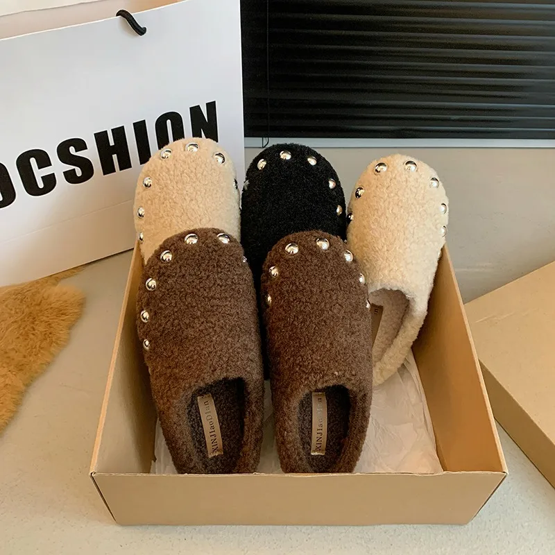 Shoes Woman 2024 Cover Toe Female Slippers Winter Footwear Fur Flip Flops New Plush Retro Slides Cover Toe Shoes Winter Woman Sl