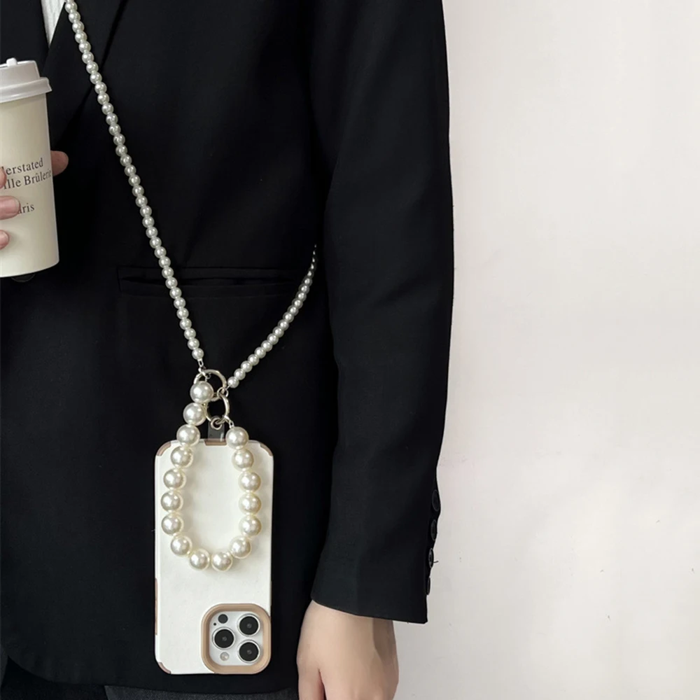 Phone Lanyard Long Crossbody Necklace Chain Hand-beaded Plastic Pearl Strap Anti-lost Sling Universal Clip Bag for Phone Case