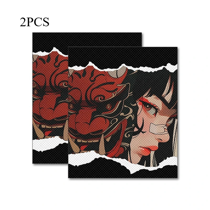 2Pcs 2D Flat Torn Paper Hannya Handlebar Vinyl Sticker, Waterproof Decal for Motorcycle Bike Scooter DIY Decor, Holiday Gift