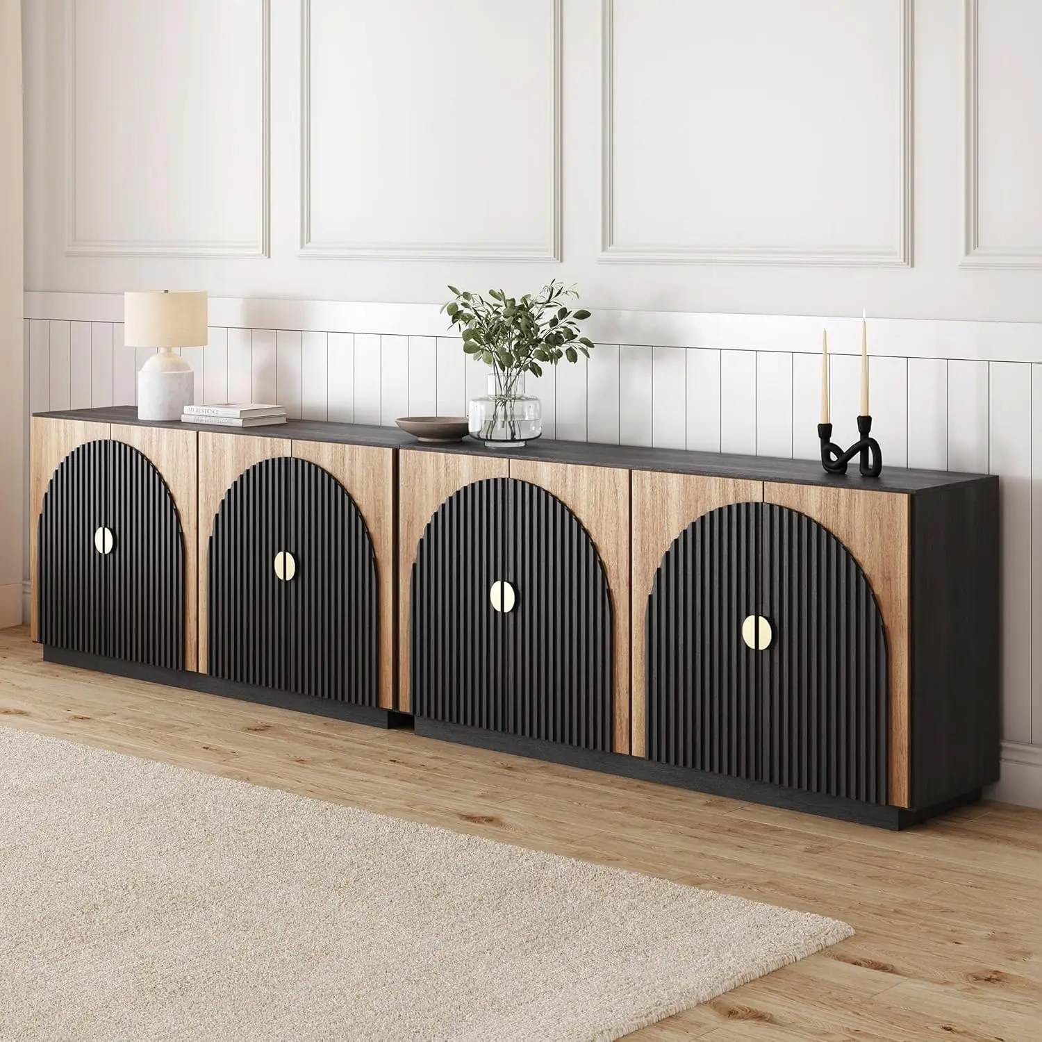 Belleze Set Of 2 Fluted Buffet Cabinet With Storage, 65 Inch Symmetrical Arc Accent Sideboard Large Console For Dining Room,