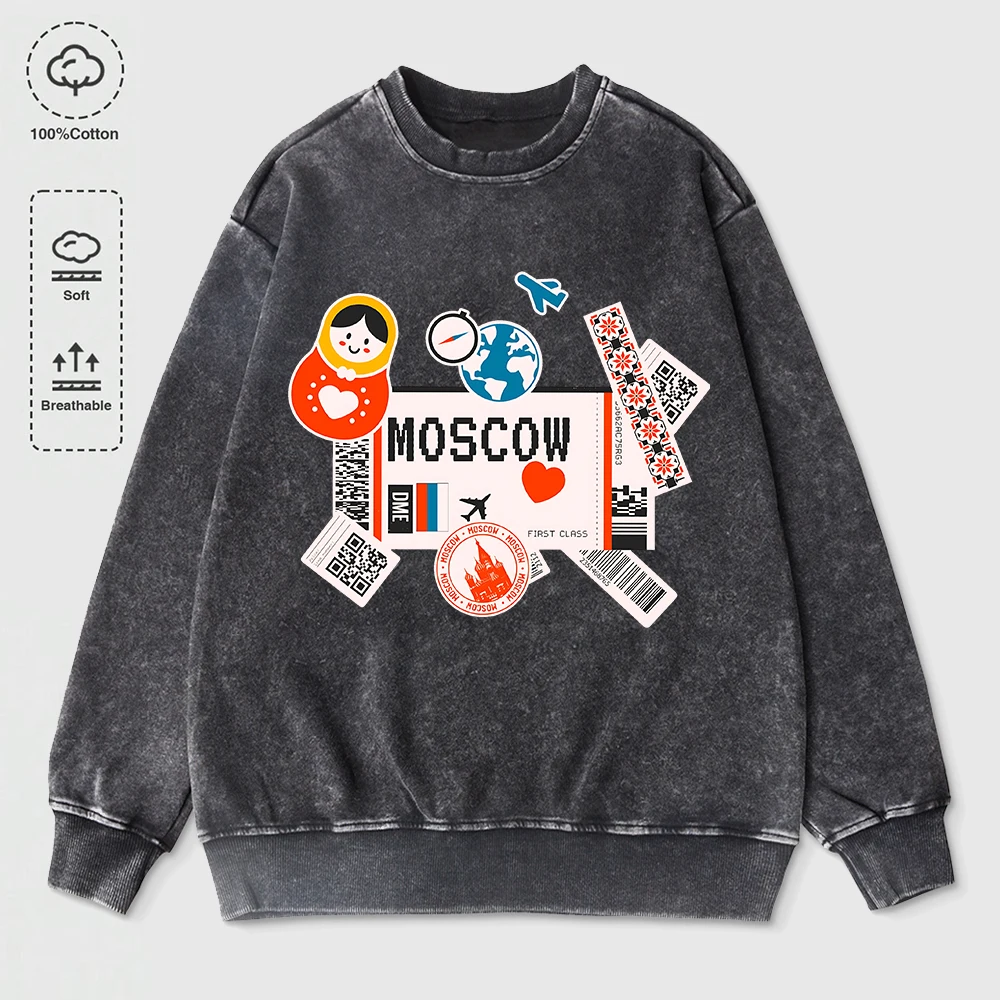 Moscow Russia Travel Prints Washed Sweatshirts Women Cotton Hoodie Street Oversized Warm Pullover Casual Crewneck Womans Clothes