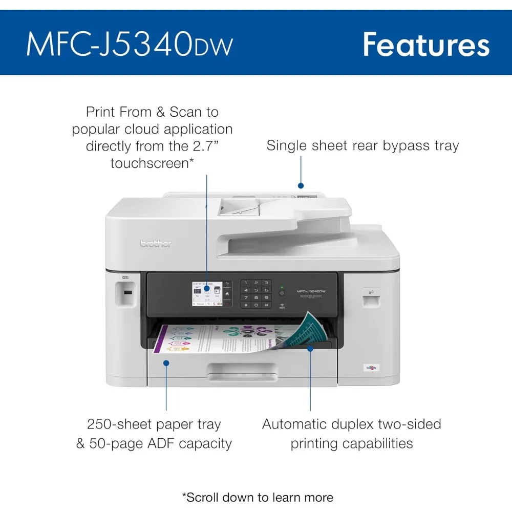 MFC-J5340DW Business Color Inkjet All-in-One Printer with Printing up to 11”x17 (Ledger) Size Capabilities