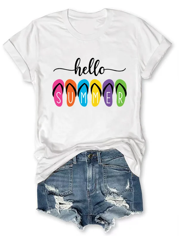 2024 New Popular Summer Holiday Women T-shirt Hello Summer Rainbow Sandal Print Female Shirt Trend Casual Beach Party Girl Tee