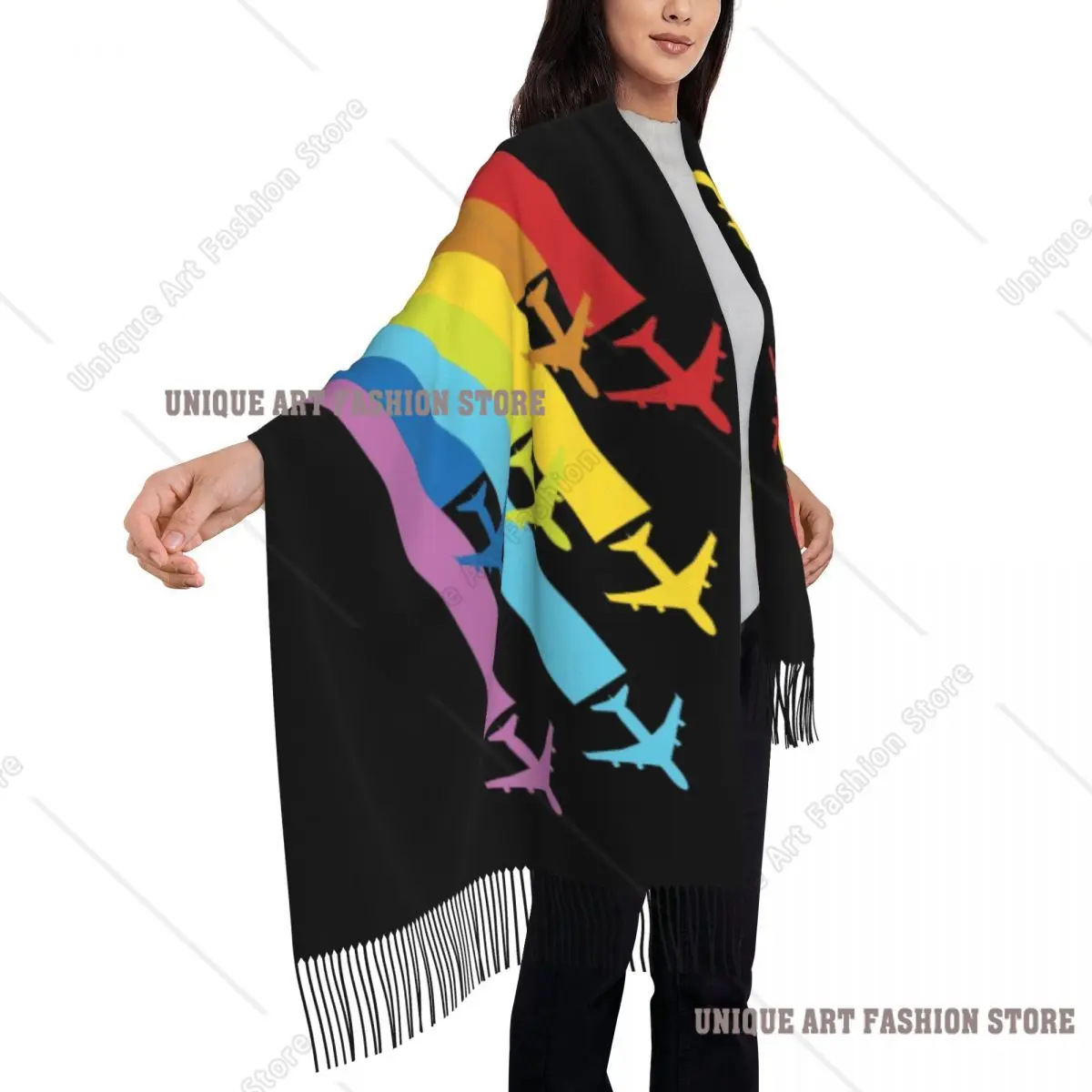 مخصص مطبوعة قوس قزح الطائرات Chemtrails وشاح النساء الرجال الشتاء الخريف الأوشحة الدافئة الطيران المقاتلة الطيار شال التفاف