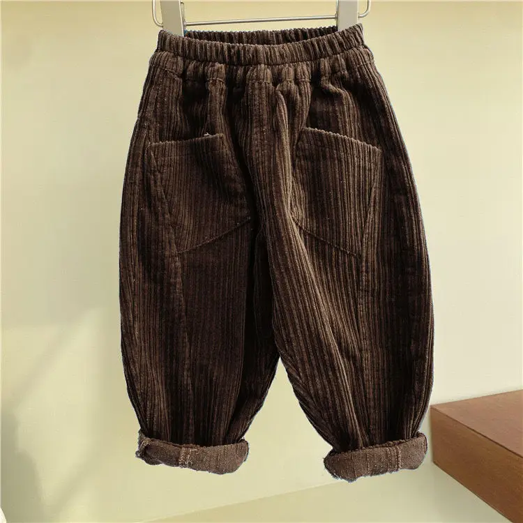 Korean Children\'s 2023 Autumn Boys\' Corduroy Pants Children\'s Solid Child Thick and Thin Striped Casual Radish Pants