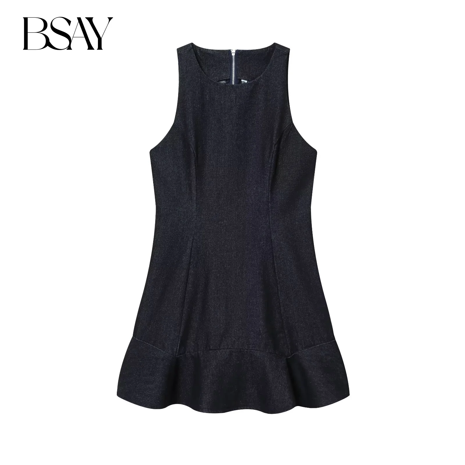 BSAY Damen-Kurzkleid aus gestapeltem, dekorativem Denim, 2025, Herbst, neu, schick, weiblich, Rundhalsausschnitt, schmale Passform, ärmelloses Westenkleid