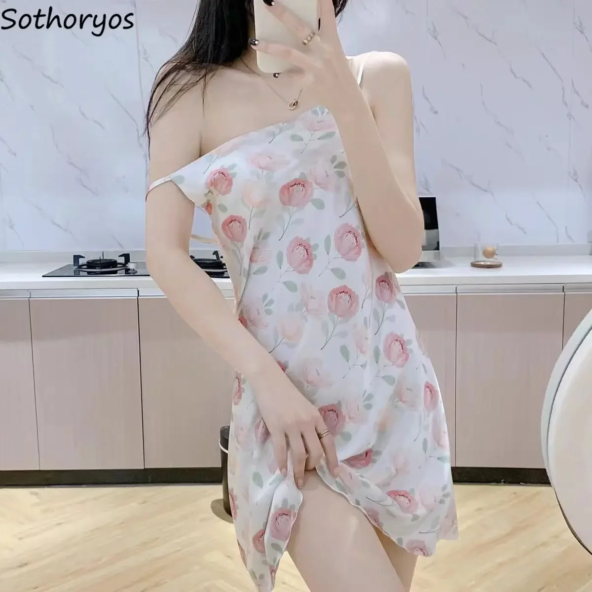

Spaghetti Strap Nightgowns Women Summer Print Sexy Sleepwear Breathable Daily Simple Ulzzang Fashion Soft Nighty for Ladies Chic