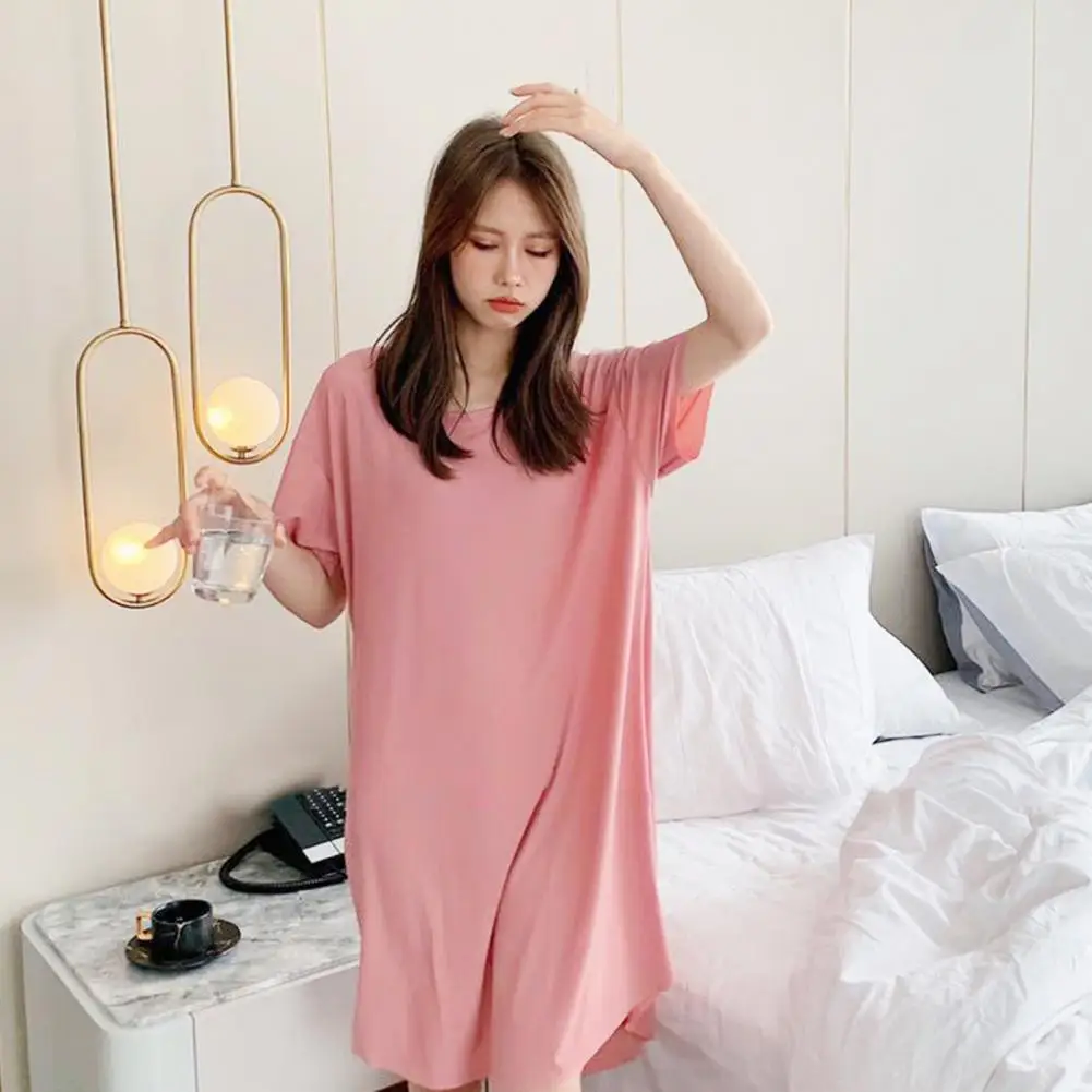 

Dress Elegant Knee-length Nightdress for Women Soft Ice Silk Pajamas with Short Sleeves Loose Fit Homewear Solid Colors Loose