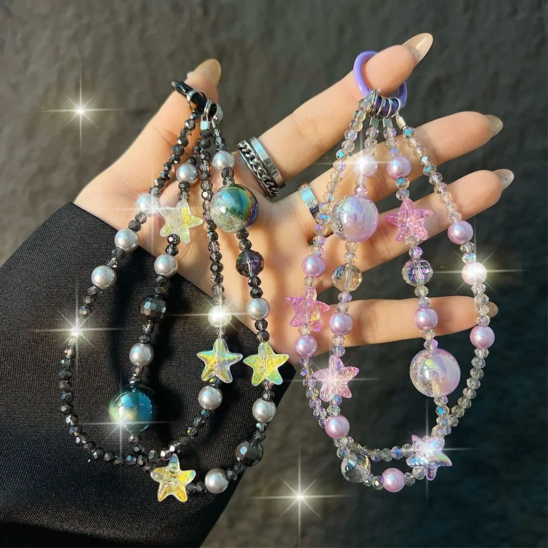 

Crystal Starfish Double-layer Mobile Phone Lanyard, Short Beaded Wrist Bag Pendant.