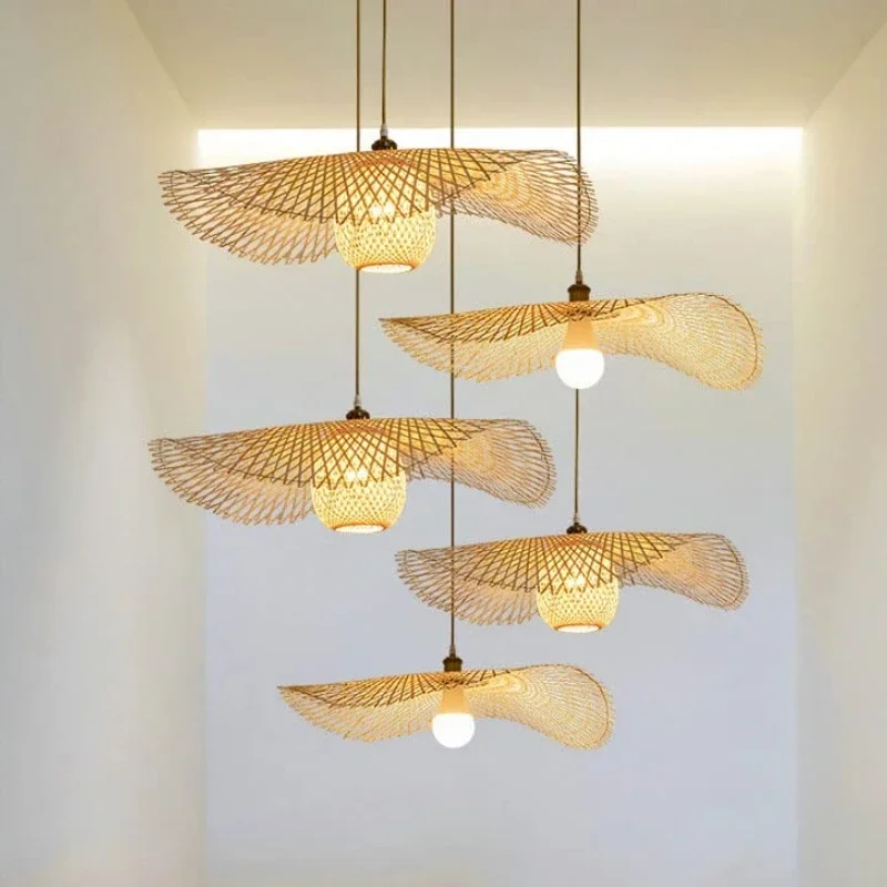 

Minimalist Bamboo Ceiling Light - Boho Style Leaf Chandelier for Shop/Studio/Bedroom, Vintage Hanging Lamp